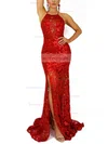 Trumpet/Mermaid Scoop Neck Lace Sweep Train Split Front Prom Dresses #Favs020107895