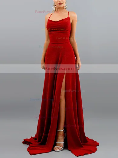 A-line Square Neckline Glitter Sweep Train Split Front Prom Dresses #Favs020107896