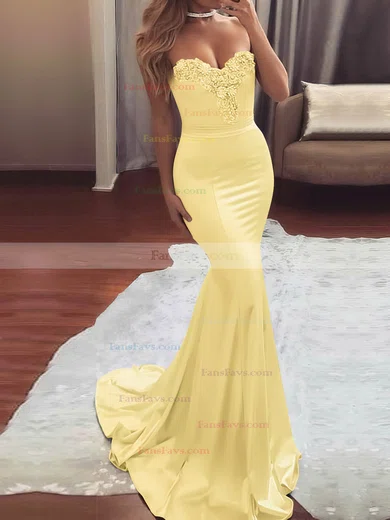 Trumpet/Mermaid Sweetheart Silk-like Satin Sweep Train Beading Prom Dresses #Favs020104831
