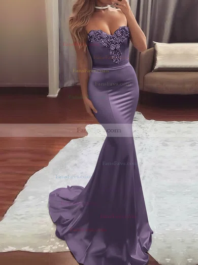 Trumpet/Mermaid Sweetheart Silk-like Satin Sweep Train Beading Prom Dresses #Favs020104831