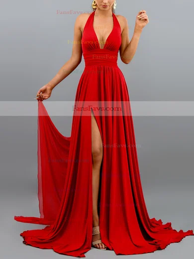 A-line Halter Chiffon Sweep Train Split Front Prom Dresses #Favs020107898