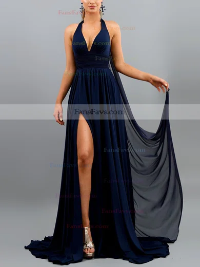 A-line Halter Chiffon Sweep Train Split Front Prom Dresses #Favs020107898