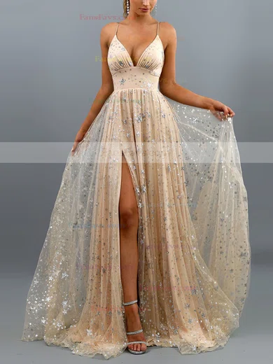 A-line V-neck Lace Sweep Train Appliques Lace Prom Dresses #Favs020107903