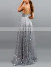 A-line V-neck Lace Sweep Train Appliques Lace Prom Dresses #Favs020107903