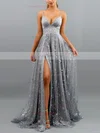A-line V-neck Lace Sweep Train Appliques Lace Prom Dresses #Favs020107903