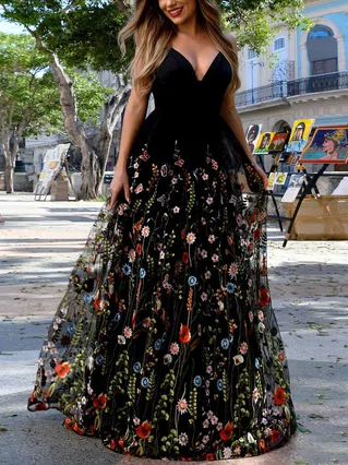 A-line V-neck Lace Sweep Train Prom Dresses #Favs020107904 A-line V-neck Lace Sweep Train Prom Dresses #Favs020107904