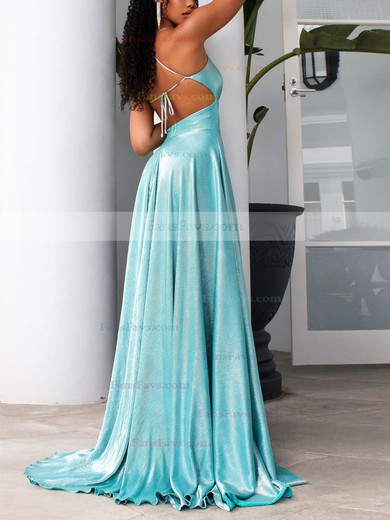 A-line V-neck Glitter Sweep Train Split Front Prom Dresses #Favs020107906