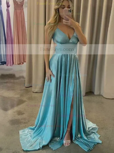 A-line V-neck Glitter Sweep Train Split Front Prom Dresses #Favs020107906