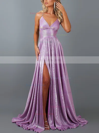 A-line V-neck Glitter Sweep Train Split Front Prom Dresses #Favs020107906