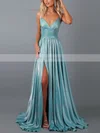 A-line V-neck Glitter Sweep Train Split Front Prom Dresses #Favs020107906