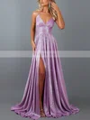 A-line V-neck Glitter Sweep Train Split Front Prom Dresses #Favs020107906