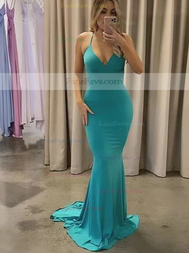 Trumpet/Mermaid V-neck Jersey Sweep Train Prom Dresses #Favs020107907