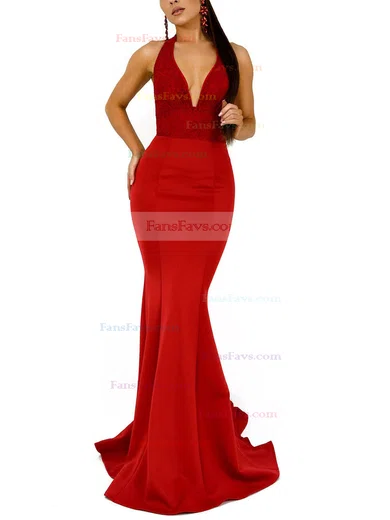 Trumpet/Mermaid Halter Satin Sweep Train Appliques Lace Prom Dresses #Favs020107909