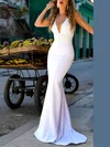 Trumpet/Mermaid Halter Satin Sweep Train Appliques Lace Prom Dresses #Favs020107909