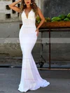 Trumpet/Mermaid Halter Satin Sweep Train Appliques Lace Prom Dresses #Favs020107909