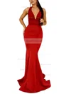 Trumpet/Mermaid Halter Satin Sweep Train Appliques Lace Prom Dresses #Favs020107909