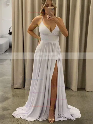 A-line V-neck Silk-like Satin Sweep Train Split Front Prom Dresses #Favs020107911