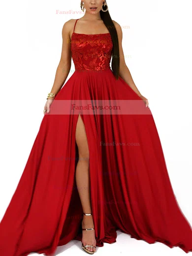 A-line Square Neckline Silk-like Satin Sweep Train Appliques Lace Prom Dresses #Favs020107912