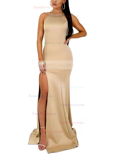 Trumpet/Mermaid Scoop Neck Satin Sweep Train Beading Prom Dresses #Favs020107913