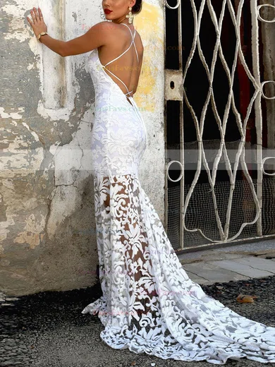 Trumpet/Mermaid Scoop Neck Lace Sweep Train Split Front Prom Dresses #Favs020107915