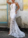 Trumpet/Mermaid Scoop Neck Lace Sweep Train Split Front Prom Dresses #Favs020107915