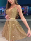 A-line V-neck Sequined Short/Mini Homecoming Dresses With Sashes / Ribbons #Favs020108853