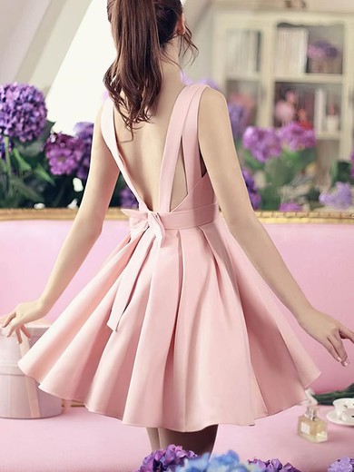 A-line V-neck Satin Short/Mini Homecoming Dresses With Bow Sashes / Ribbons #Favs020108856