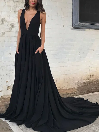 Princess V-neck Silk-like Satin Sweep Train Pockets Prom Dresses #Favs020104837