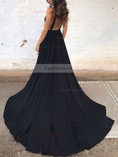 Princess V-neck Silk-like Satin Sweep Train Pockets Prom Dresses #Favs020104837