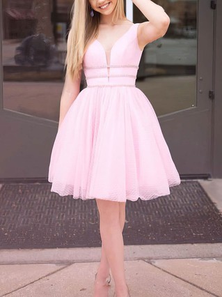 A-line V-neck Tulle Short/Mini Homecoming Dresses With Sashes / Ribbons #Favs020108928 A-line V-neck Tulle Short/Mini Homecoming Dresses With Sashes / Ribbons #Favs020108928