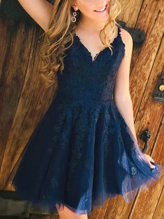 A-line V-neck Tulle Short/Mini Homecoming Dresses With Appliques Lace #Favs020108929 A-line V-neck Tulle Short/Mini Homecoming Dresses With Appliques Lace #Favs020108929