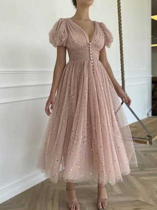 A-line V-neck Tulle Ankle-length Homecoming Dresses With Ruffles #Favs020109385 A-line V-neck Tulle Ankle-length Homecoming Dresses With Ruffles #Favs020109385
