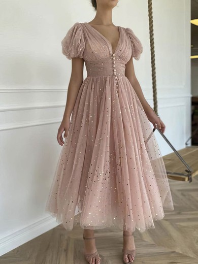 A-line V-neck Tulle Ankle-length Homecoming Dresses With Ruffles #Favs020109385