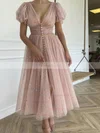 A-line V-neck Tulle Ankle-length Homecoming Dresses With Ruffles #Favs020109385