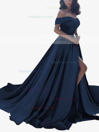 Princess Off-the-shoulder Satin Sweep Train Split Front Prom Dresses #Favs020104840