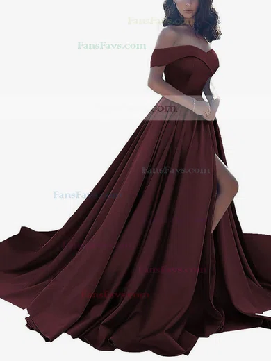 Princess Off-the-shoulder Satin Sweep Train Split Front Prom Dresses #Favs020104840