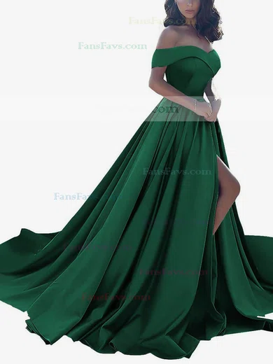 Princess Off-the-shoulder Satin Sweep Train Split Front Prom Dresses #Favs020104840
