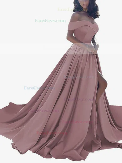Princess Off-the-shoulder Satin Sweep Train Split Front Prom Dresses #Favs020104840