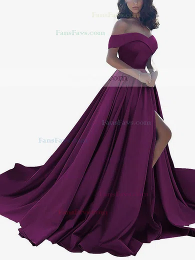 Princess Off-the-shoulder Satin Sweep Train Split Front Prom Dresses #Favs020104840