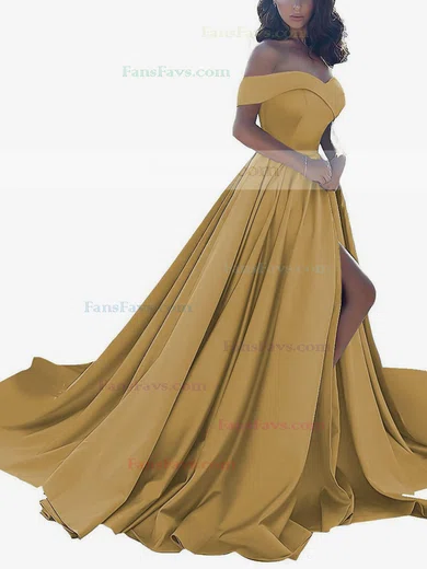 Princess Off-the-shoulder Satin Sweep Train Split Front Prom Dresses #Favs020104840