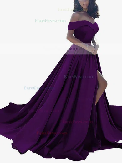 Princess Off-the-shoulder Satin Sweep Train Split Front Prom Dresses #Favs020104840