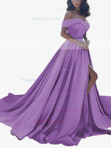 Princess Off-the-shoulder Satin Sweep Train Split Front Prom Dresses #Favs020104840