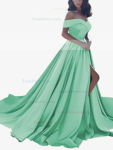 Princess Off-the-shoulder Satin Sweep Train Split Front Prom Dresses #Favs020104840