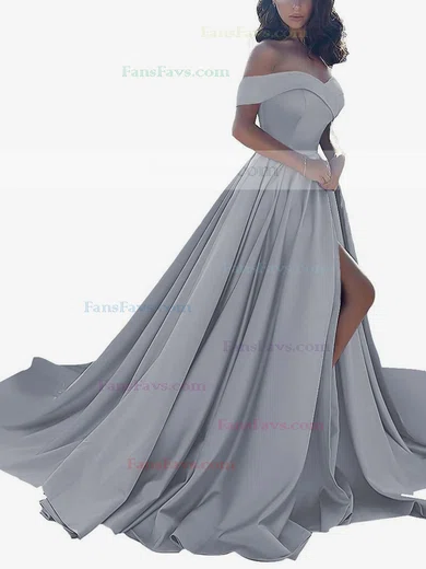 Princess Off-the-shoulder Satin Sweep Train Split Front Prom Dresses #Favs020104840