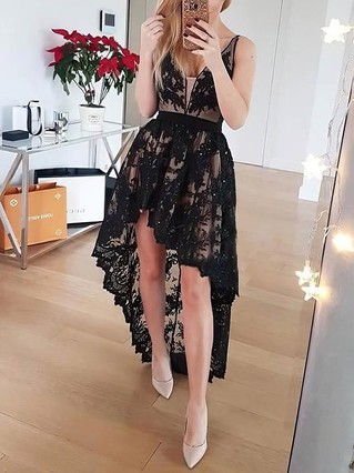 A-line V-neck Lace Asymmetrical Homecoming Dresses With Appliques Lace #Favs020108931