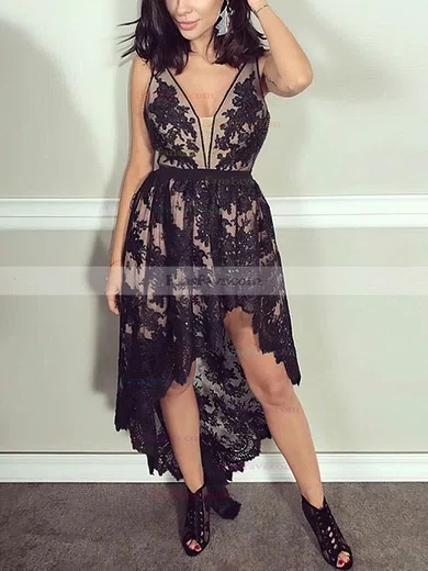 A-line V-neck Lace Asymmetrical Homecoming Dresses With Appliques Lace #Favs020108931
