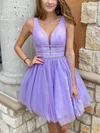 A-line V-neck Tulle Short/Mini Homecoming Dresses With Beading Sashes / Ribbons #Favs020108932