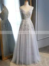 A-line V-neck Tulle Floor-length Prom Dresses With Appliques Lace #Favs020109387