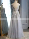 A-line V-neck Tulle Floor-length Prom Dresses With Appliques Lace #Favs020109387