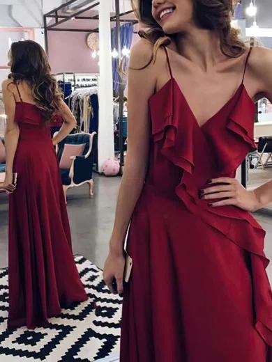 A-line V-neck Silk-like Satin Floor-length Ruffles Prom Dresses #Favs020104843